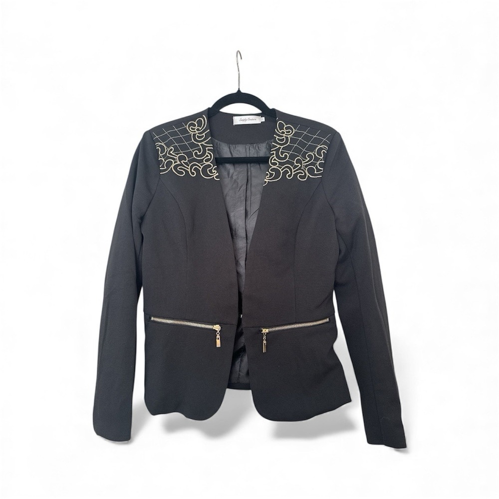 Simply Couture Black Embroidered Blazer Fold Scroll, Zippered Faux Pockets Sz M